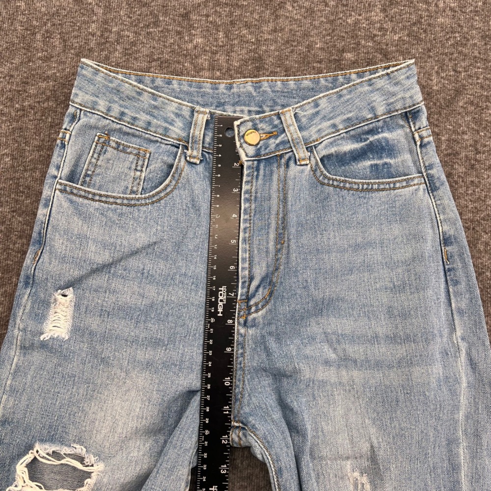 SHEIN Womens High Waisted Distressed Mom Jeans Light Wash Blue Ripped XS Crop - Picture 12 of 14
